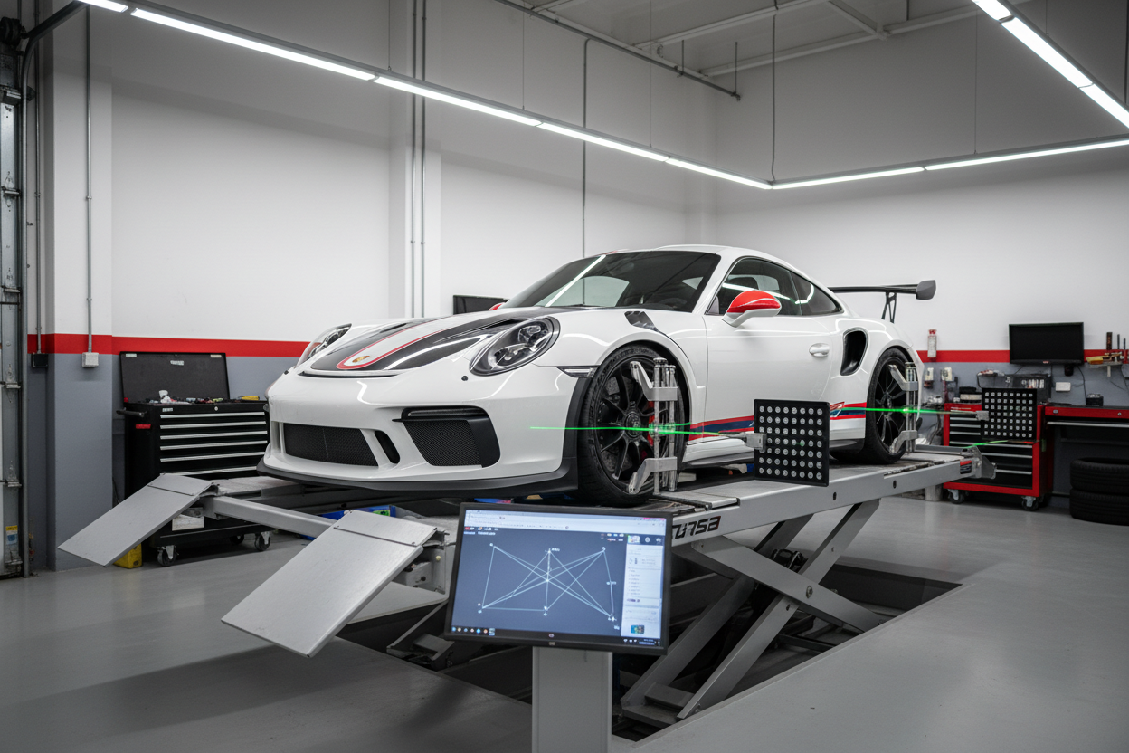 Hazme un gt3RS en una maquina de alineación con los captadores en las ruedas