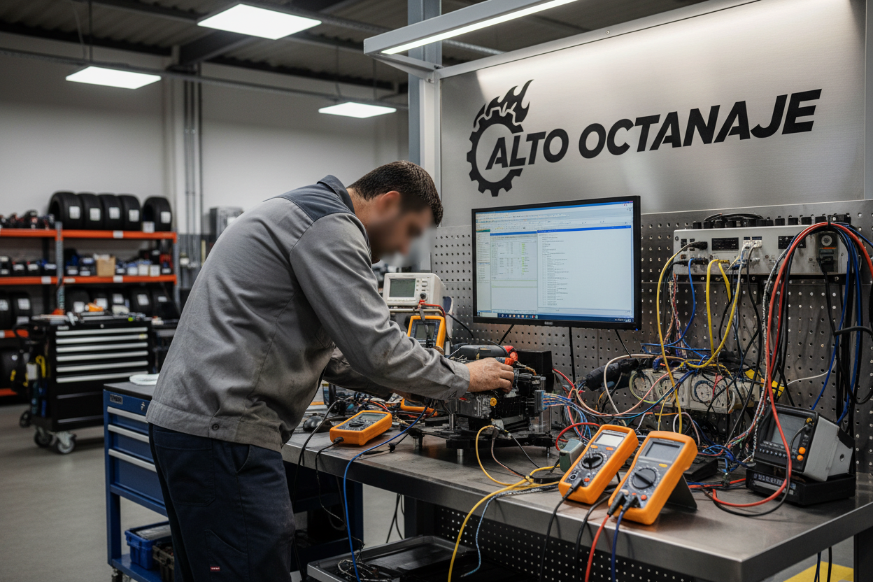 hazme una imagen de un tecnico, que no se le vea la cara, haciendo una lectura por bench de una centralita en el taller con el logo de alto octanaje de fondo