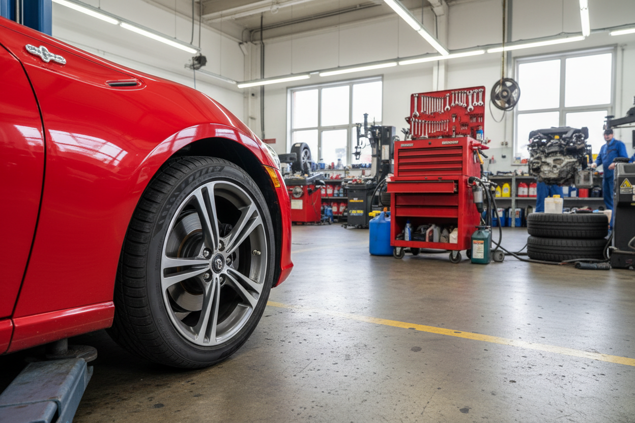 quiero la imagen de un gt86 en el taller que se le vean los neumaticos, con las ruedas giradas para un lado.