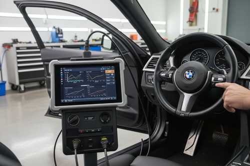 quiero la imagen de una maquina de diagnosis conectada en un bmw 