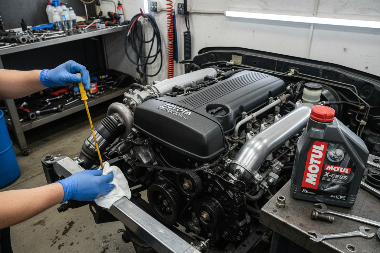 quiero una imagen de un motor 2JZ que le están haciendo el nivel de aceite con motul 